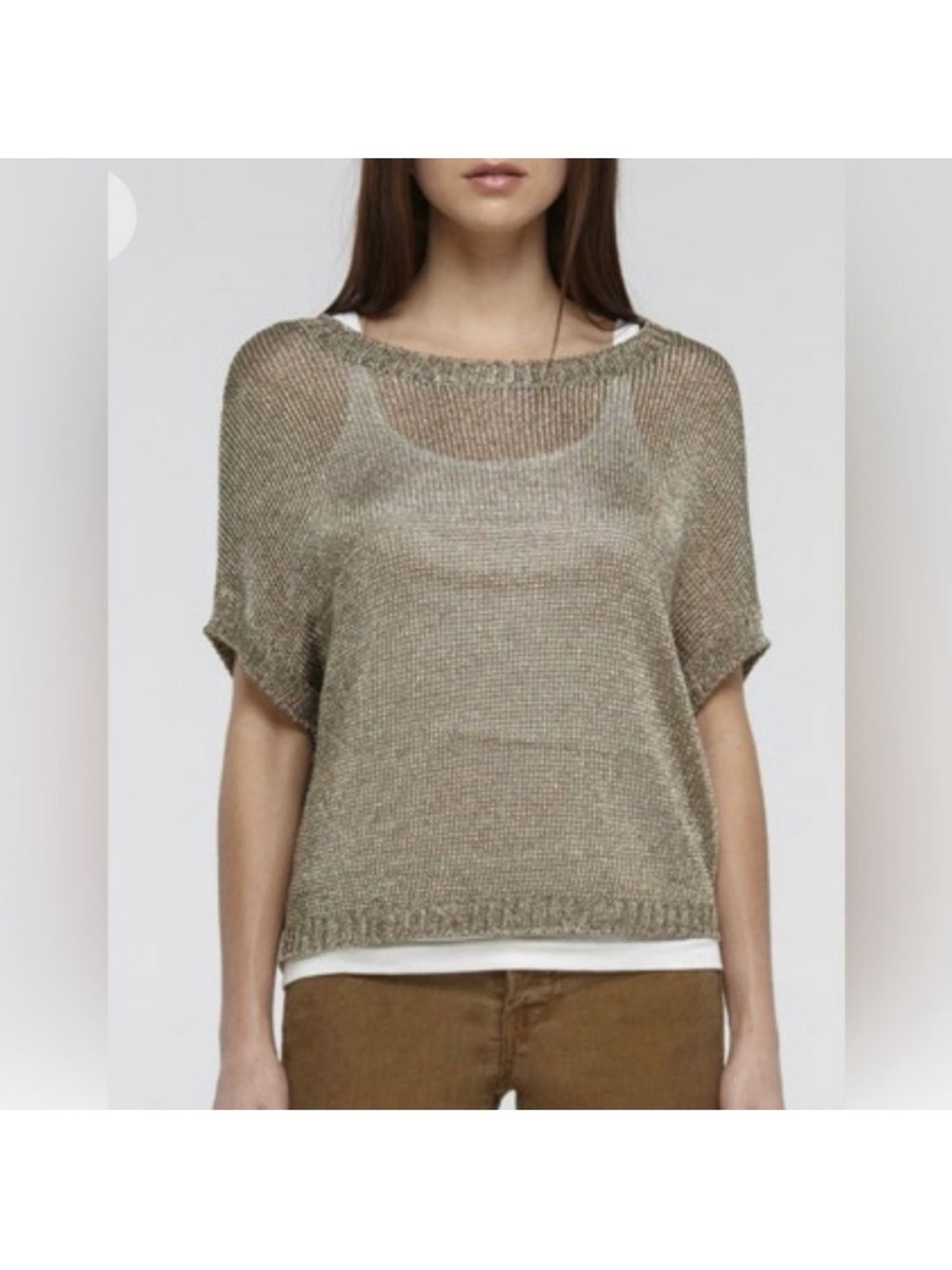 Vince Metallic Gold Mesh Short-Sleeve Crew Knit Top